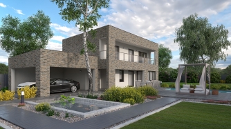 Maison moderne à plusieurs étages avec toit plat et abri d'auto. Adaptée aux terrains étroits. L'abri d'auto peut être supprimé ou converti en garage.